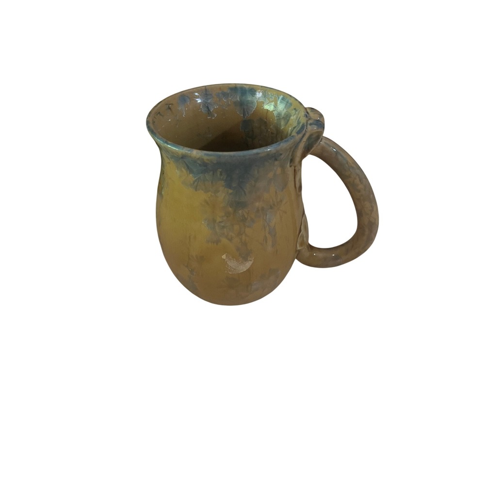Studio Pottery Crystalline Glaze Mug Mustard Yellow Blue Artisan Stoneware